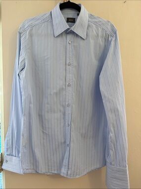 Mexx Men's Light Blue Shirt with Navy Pinstripes. Cotton